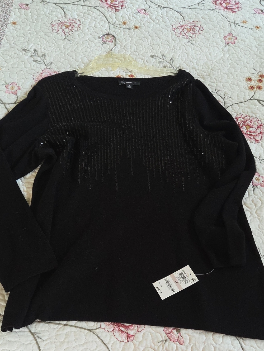 INC International Concepts Black Long-Sleeve Sequin Accent Knit Top NWT